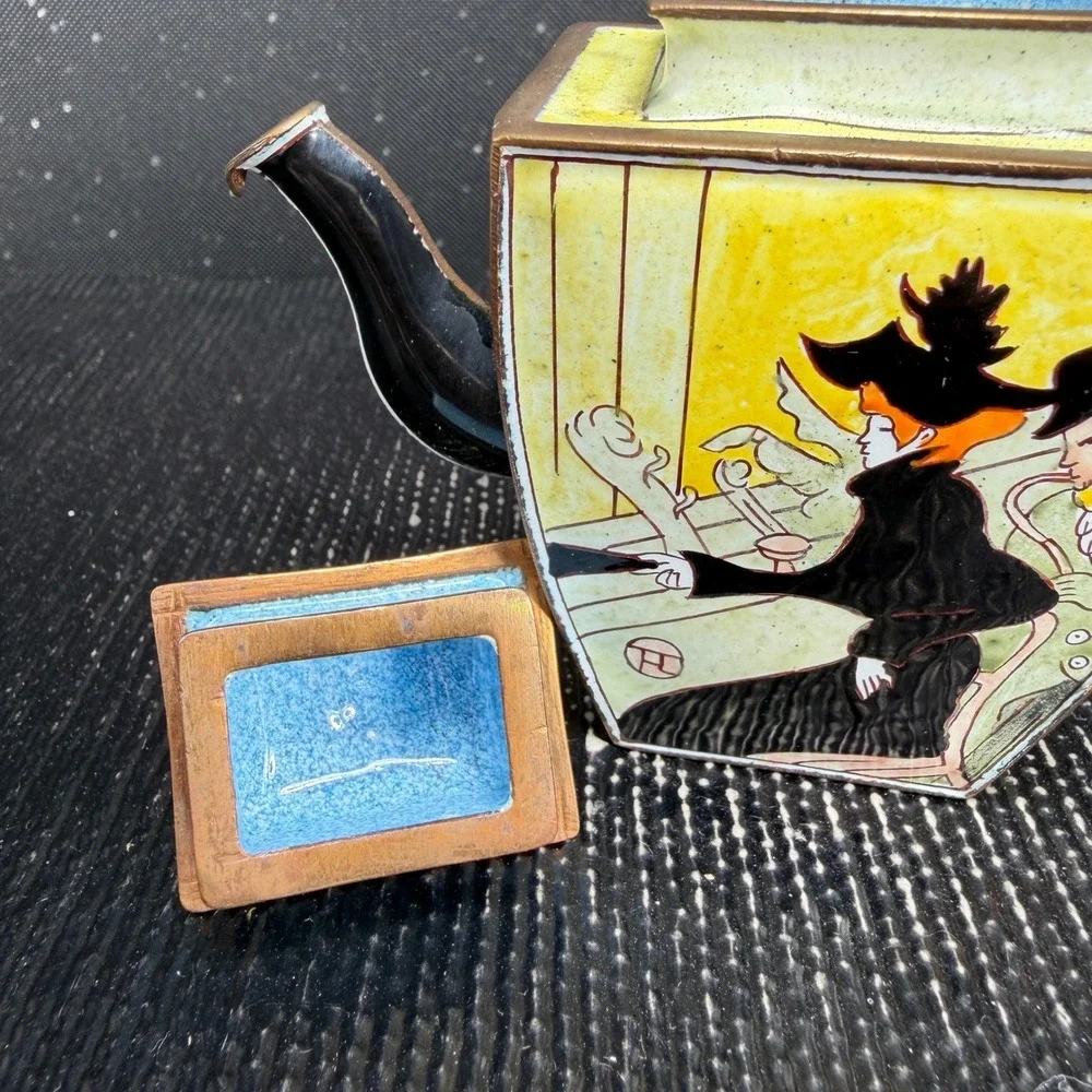 Kelvin Chen No 1064 Miniature Enameled Teapot Toulouse-Lautrec Art Yellow 3x4